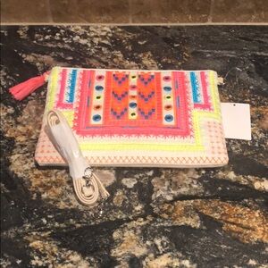 Embroidered Neon Accent Crossbody Clutch - Pink Multi